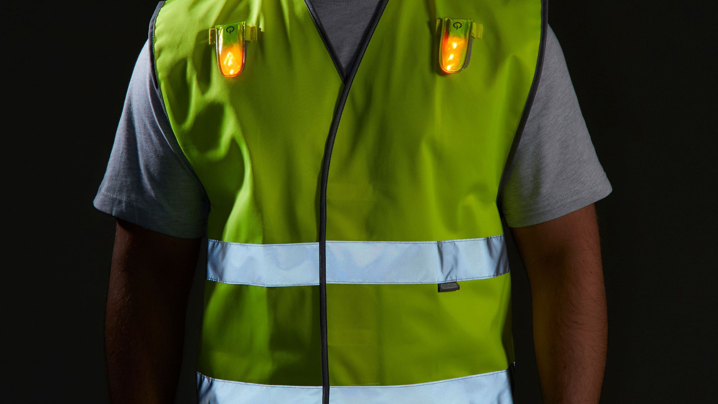 An image of a Portwest Hi Vis Vest in the dark