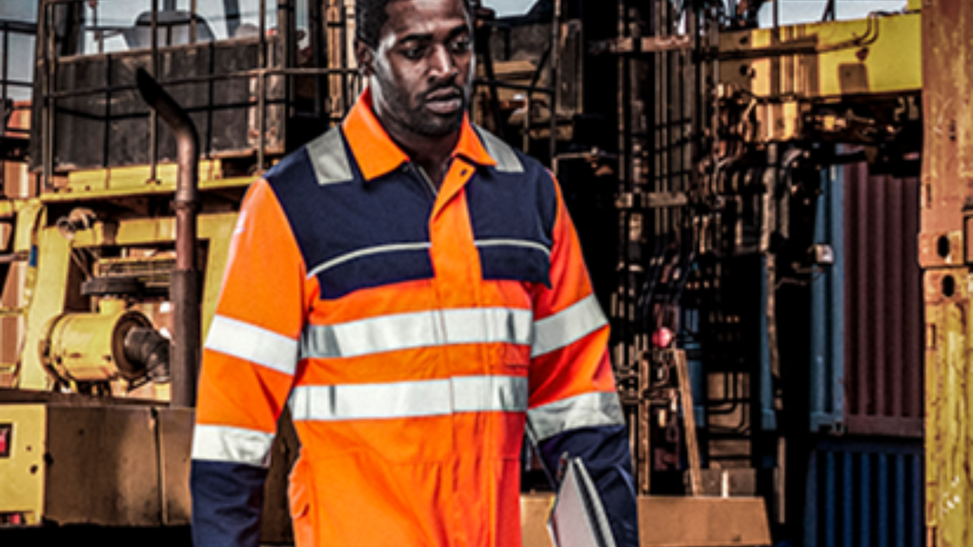 A model wearing hi vis overalls on workweargurus