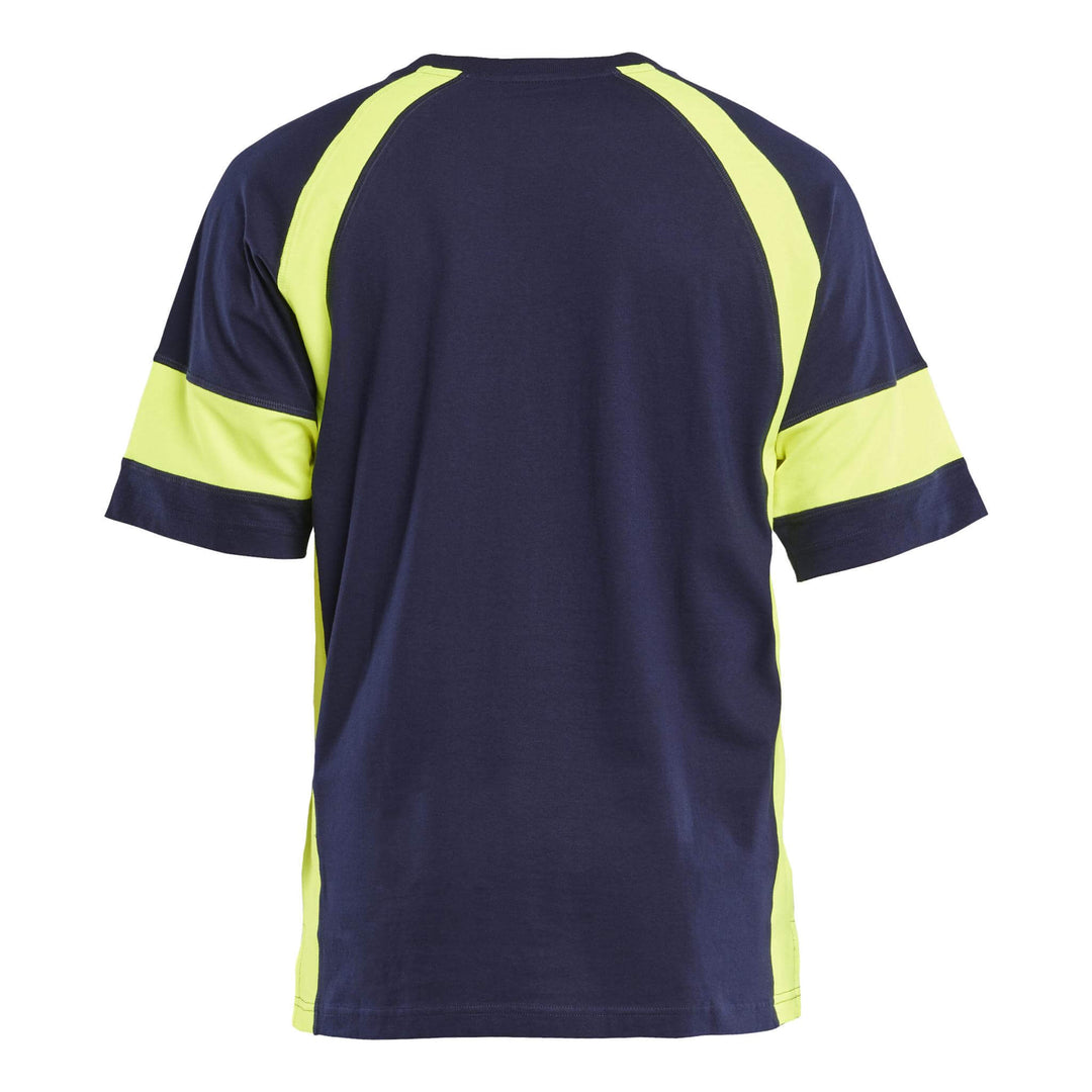 Blaklader 35231030 Cotton T-Shirt with Hi-Vis sections (non-certified) Navy Blue/Hi-Vis Yellow Rear #colour_navy-blue-hi-vis-yellow