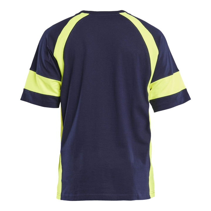 Blaklader 35231030 Cotton T-Shirt with Hi-Vis sections (non-certified) Navy Blue/Hi-Vis Yellow Rear #colour_navy-blue-hi-vis-yellow