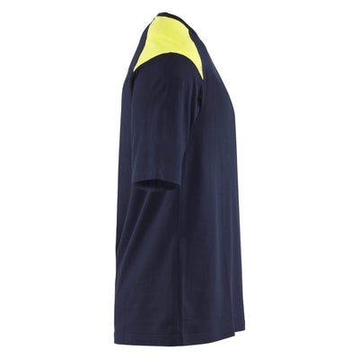 Blaklader 34761737 Flame Resistant T-Shirt Navy Blue/Hi-Vis Yellow Right #colour_navy-blue-hi-vis-yellow