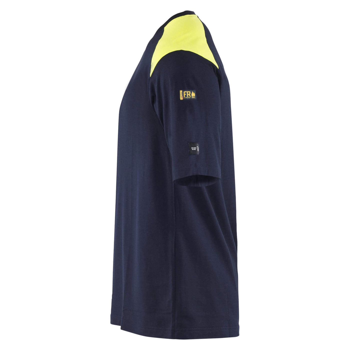 Blaklader 34761737 Flame Resistant T-Shirt Navy Blue/Hi-Vis Yellow Left #colour_navy-blue-hi-vis-yellow