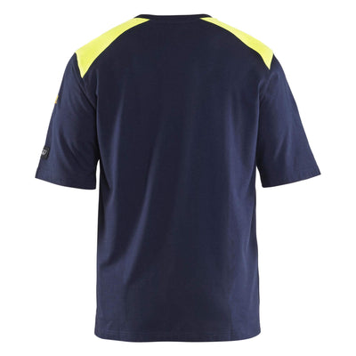 Blaklader 34761737 Flame Resistant T-Shirt Navy Blue/Hi-Vis Yellow Rear #colour_navy-blue-hi-vis-yellow