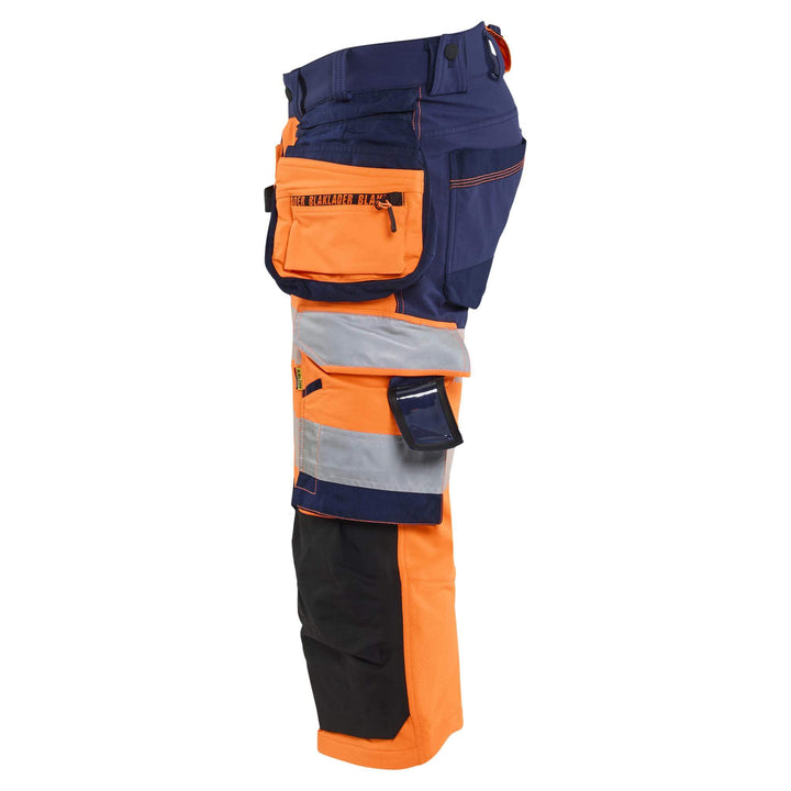 Blaklader 11231648 Hi-Vis 4-Way Stretch Cordura Knee Pad Pirate Trousers Orange/Navy Blue Left #colour_orange-navy-blue