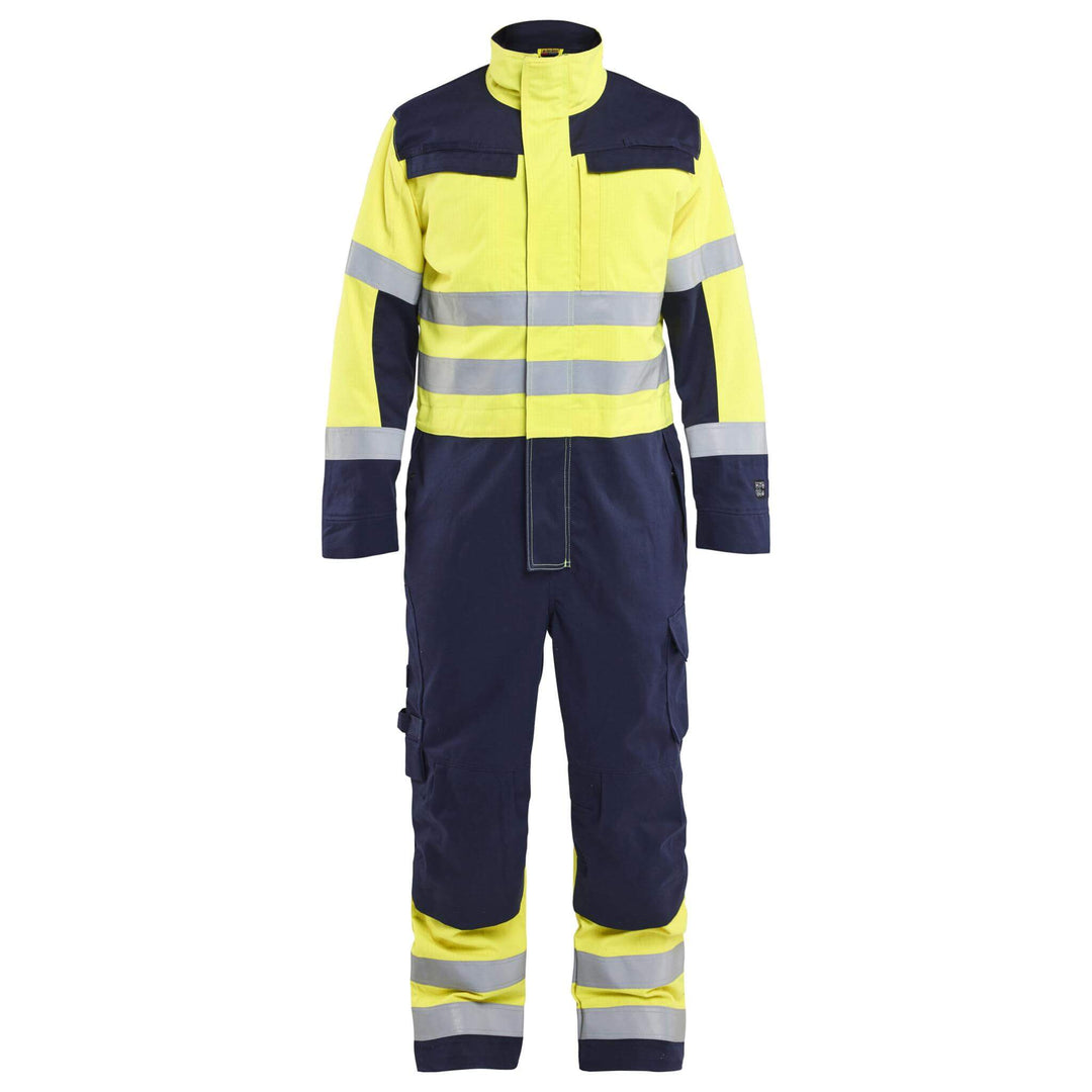 Blaklader 63791514 Hi-Vis Arc and Flame Retardant Multinorm Overalls Yellow/Navy Blue Main #colour_yellow-navy-blue