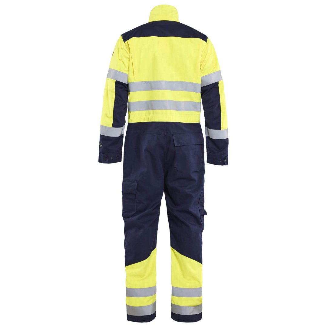 Blaklader 63791514 Hi-Vis Arc and Flame Retardant Multinorm Overalls Yellow/Navy Blue Rear #colour_yellow-navy-blue