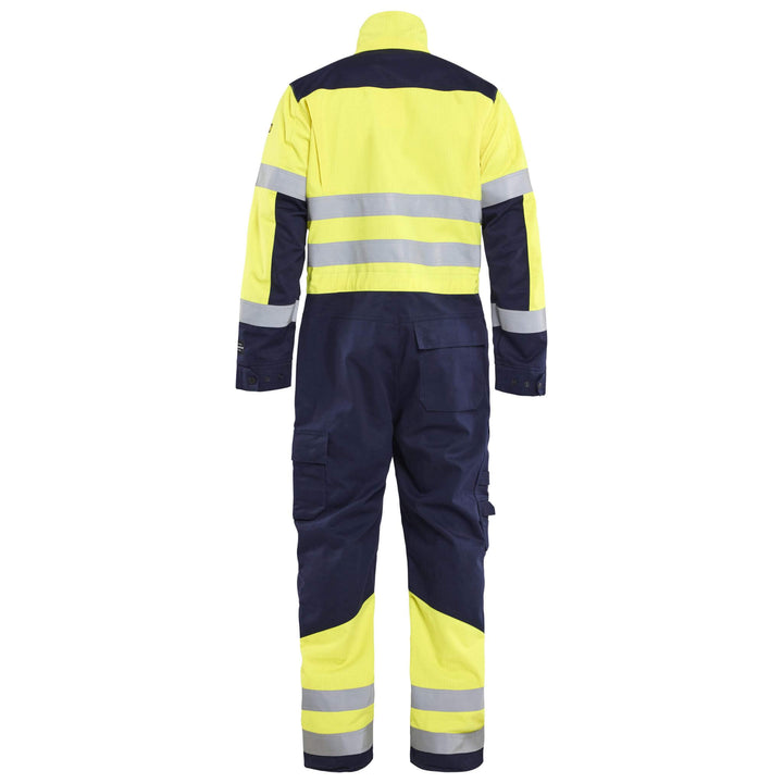 Blaklader 63791514 Hi-Vis Arc and Flame Retardant Multinorm Overalls Yellow/Navy Blue Rear #colour_yellow-navy-blue