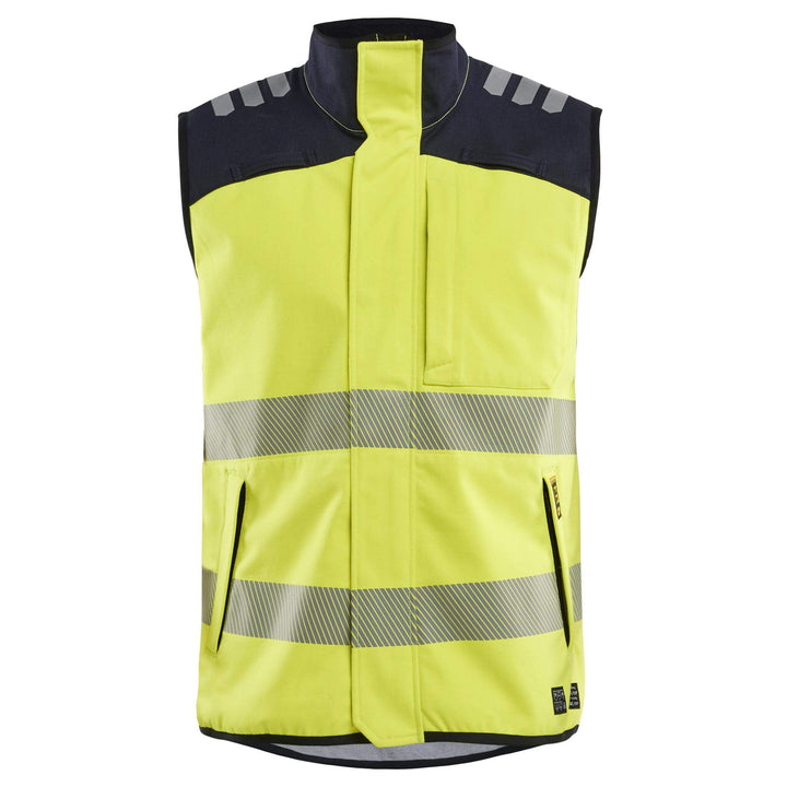 Blaklader 38491560 Hi-Vis Flame Retardant Multinorm Softshell Vest Gilet Yellow/Navy Blue Main #colour_yellow-navy-blue
