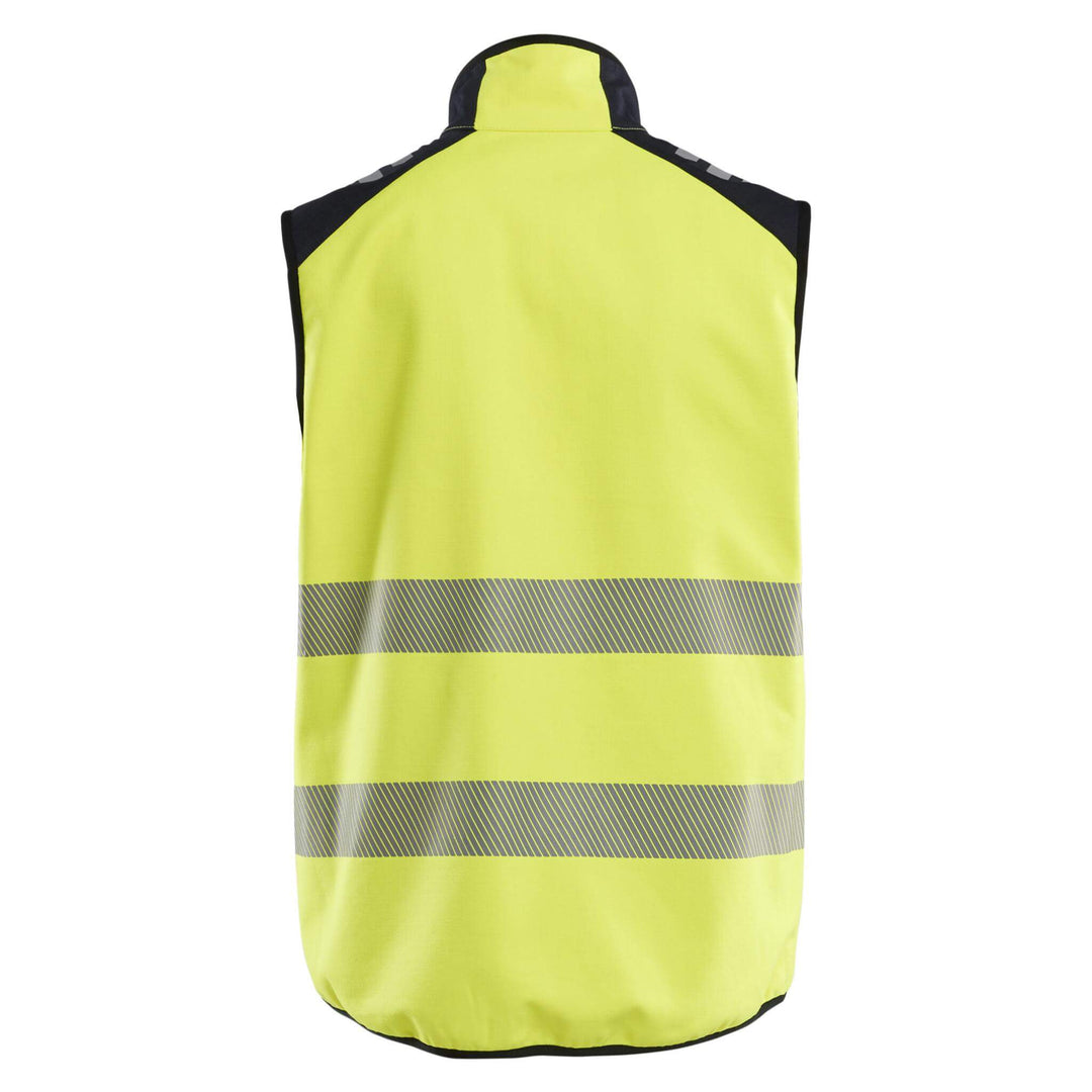 Blaklader 38491560 Hi-Vis Flame Retardant Multinorm Softshell Vest Gilet Yellow/Navy Blue Rear #colour_yellow-navy-blue