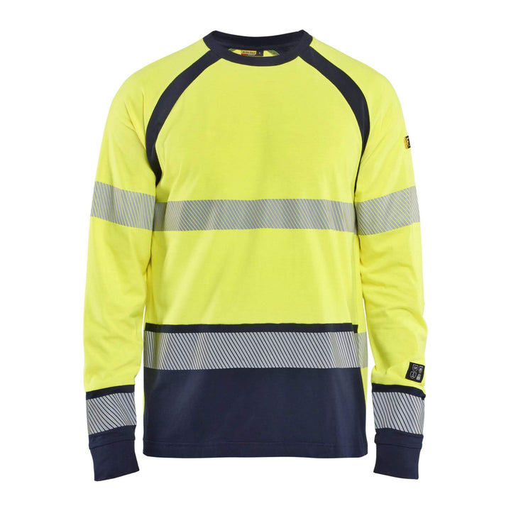 Blaklader 34361737 Hi-Vis Long-Sleeved Fire Retardant and Multinorm T-Shirt Yellow/Navy Blue Main #colour_yellow-navy-blue