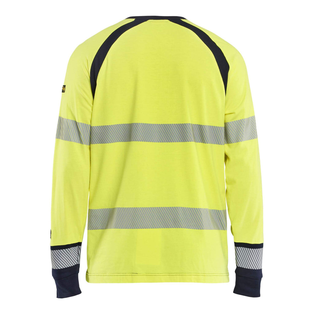 Blaklader 34361737 Hi-Vis Long-Sleeved Fire Retardant and Multinorm T-Shirt Yellow/Navy Blue Rear #colour_yellow-navy-blue