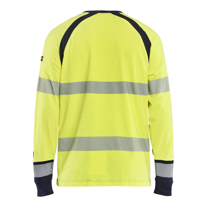Blaklader 34361737 Hi-Vis Long-Sleeved Fire Retardant and Multinorm T-Shirt Yellow/Navy Blue Rear #colour_yellow-navy-blue