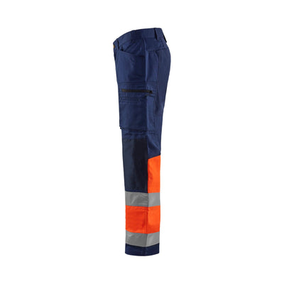 Blaklader 15511811 Hi-Vis Trousers With Stretch Navy Blue/Orange Left #colour_navy-blue-orange