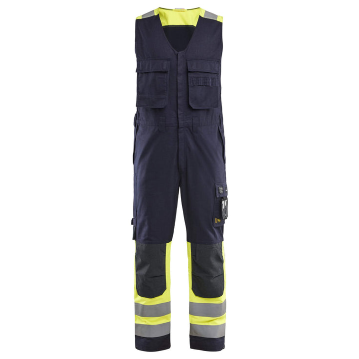 Blaklader 28871512 Inherent FR Metal-Free Sleeveless Overalls Navy Blue/Hi-Vis Yellow Main #colour_navy-blue-hi-vis-yellow