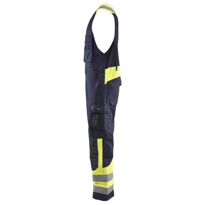 Blaklader 28871512 Inherent FR Metal-Free Sleeveless Overalls Navy Blue/Hi-Vis Yellow Left #colour_navy-blue-hi-vis-yellow