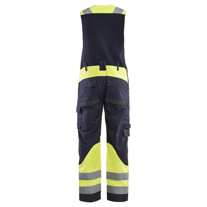 Blaklader 28871512 Inherent FR Metal-Free Sleeveless Overalls Navy Blue/Hi-Vis Yellow Rear #colour_navy-blue-hi-vis-yellow