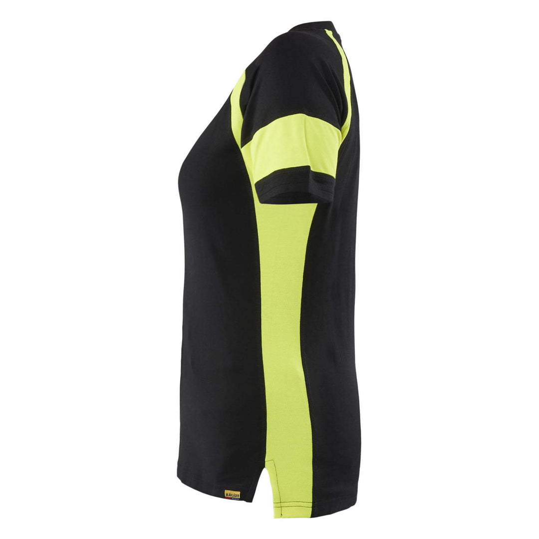 Blaklader 35241030 Ladies Cotton T-Shirt with Hi-Vis sections (non-certified) Black/Hi-Vis Yellow Left #colour_black-hi-vis-yellow