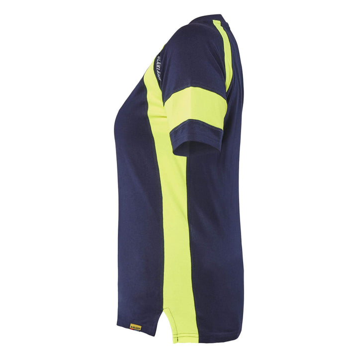 Blaklader 35241030 Ladies Cotton T-Shirt with Hi-Vis sections (non-certified) Navy Blue/Hi-Vis Yellow Left #colour_navy-blue-hi-vis-yellow