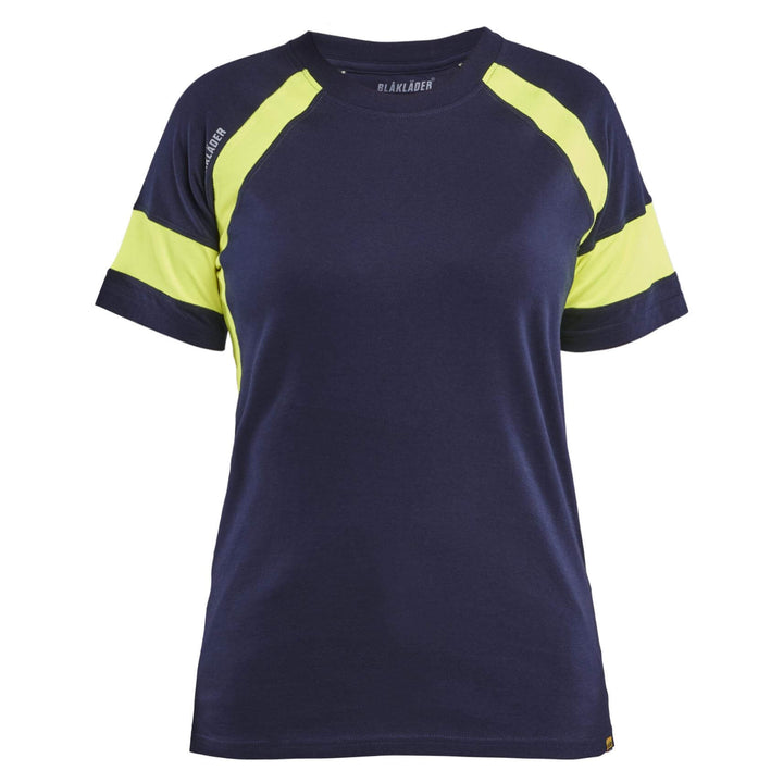 Blaklader 35241030 Ladies Cotton T-Shirt with Hi-Vis sections (non-certified) Navy Blue/Hi-Vis Yellow Main #colour_navy-blue-hi-vis-yellow