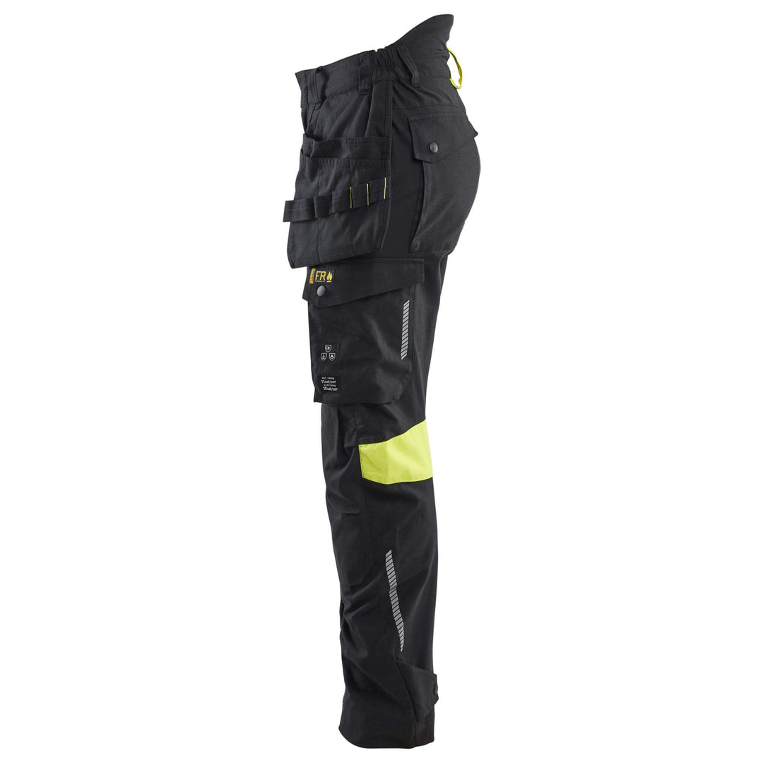 Blaklader 71081512 Ladies Craftsman Flame Retardant Inherent Holster Pocket Trousers Black/Hi-Vis Yellow Left #colour_black-hi-vis-yellow