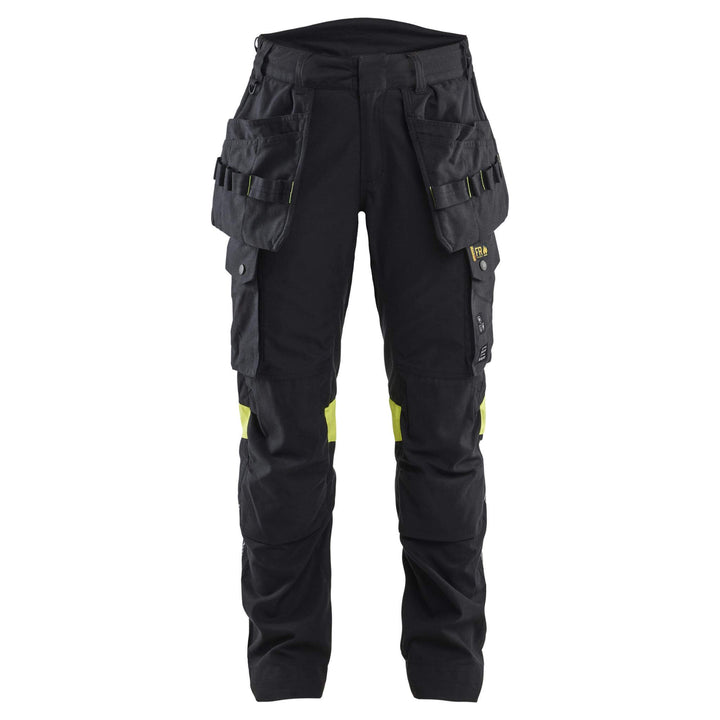 Blaklader 71081512 Ladies Craftsman Flame Retardant Inherent Holster Pocket Trousers Black/Hi-Vis Yellow Main #colour_black-hi-vis-yellow