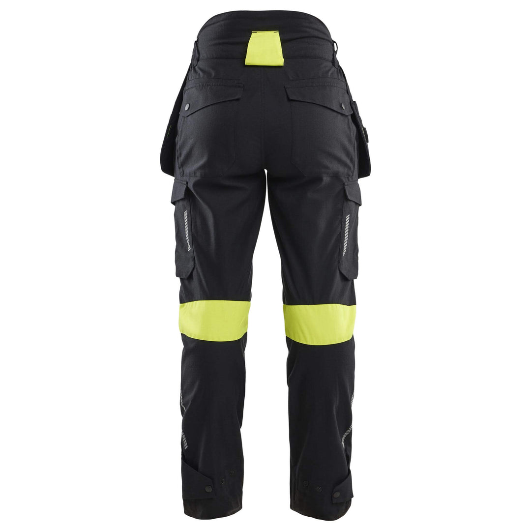 Blaklader 71081512 Ladies Craftsman Flame Retardant Inherent Holster Pocket Trousers Black/Hi-Vis Yellow Rear #colour_black-hi-vis-yellow