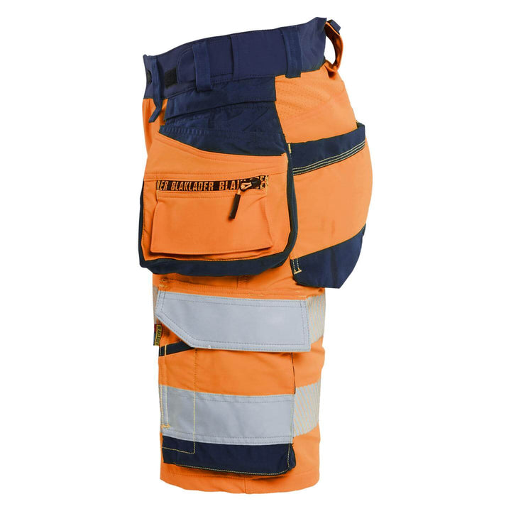 Blaklader 70201648 Ladies Hi-Vis 4-Way-Stretch Holster Pocket Shorts Orange/Navy Blue Left #colour_orange-navy-blue
