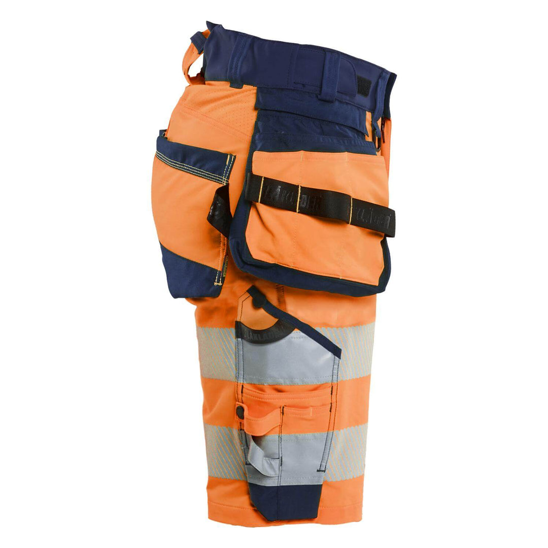 Blaklader 70201648 Ladies Hi-Vis 4-Way-Stretch Holster Pocket Shorts Orange/Navy Blue Right #colour_orange-navy-blue