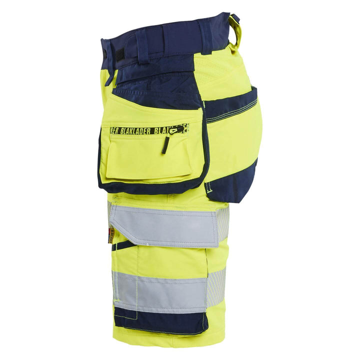 Blaklader 70201648 Ladies Hi-Vis 4-Way-Stretch Holster Pocket Shorts Yellow/Navy Blue Left #colour_yellow-navy-blue