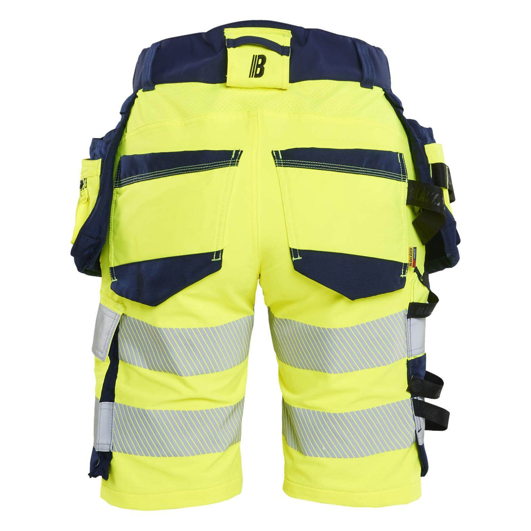 Blaklader 70201648 Ladies Hi-Vis 4-Way-Stretch Holster Pocket Shorts Yellow/Navy Blue Rear #colour_yellow-navy-blue