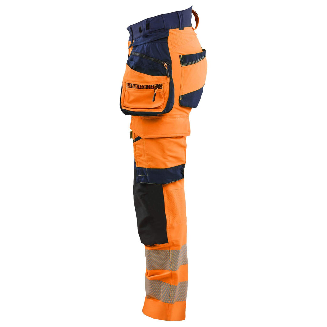 Blaklader 70221648 Ladies Hi-Vis 4-Way-Stretch Holster Pocket Trousers Orange/Navy Blue Left #colour_orange-navy-blue