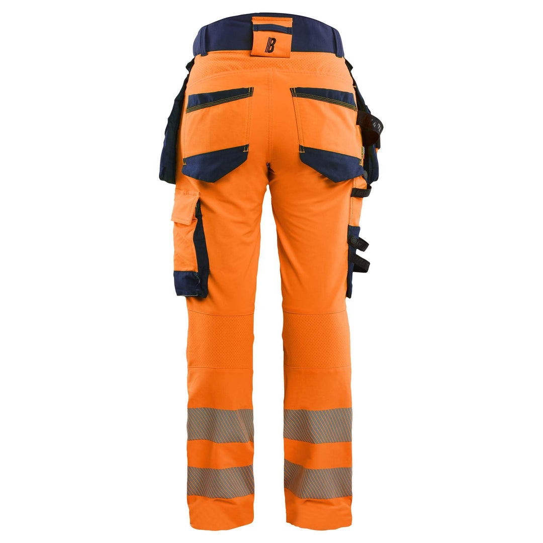 Blaklader 70221648 Ladies Hi-Vis 4-Way-Stretch Holster Pocket Trousers Orange/Navy Blue Rear #colour_orange-navy-blue