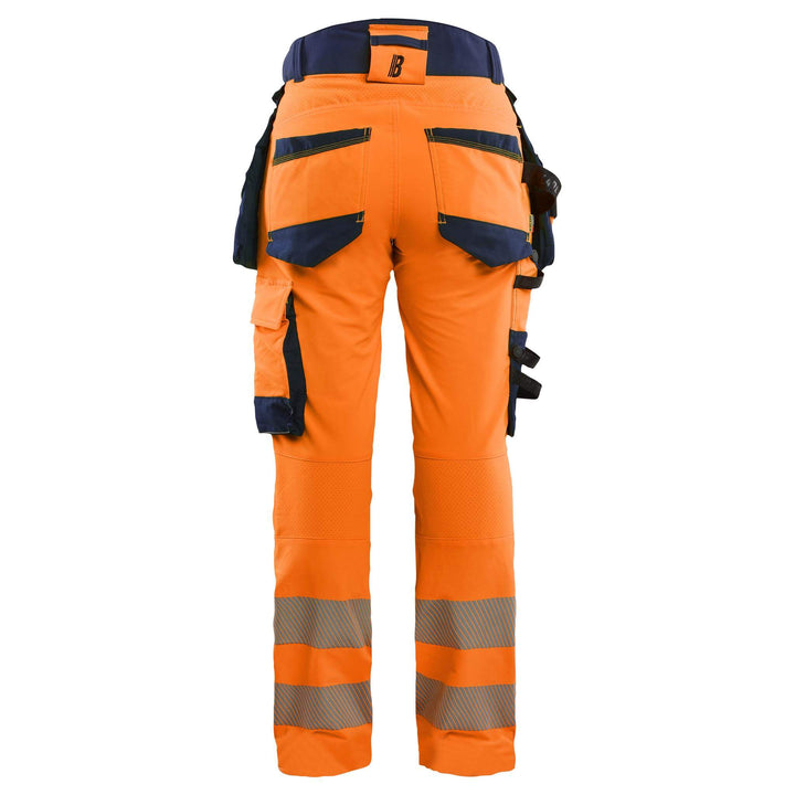 Blaklader 70221648 Ladies Hi-Vis 4-Way-Stretch Holster Pocket Trousers Orange/Navy Blue Rear #colour_orange-navy-blue