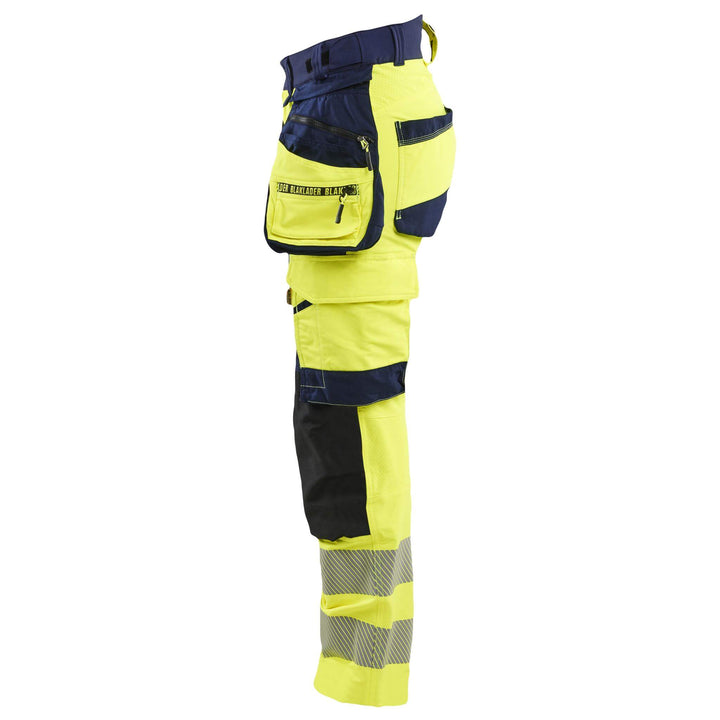 Blaklader 70221648 Ladies Hi-Vis 4-Way-Stretch Holster Pocket Trousers Yellow/Navy Blue Left #colour_yellow-navy-blue