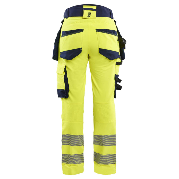 Blaklader 70221648 Ladies Hi-Vis 4-Way-Stretch Holster Pocket Trousers Yellow/Navy Blue Rear #colour_yellow-navy-blue