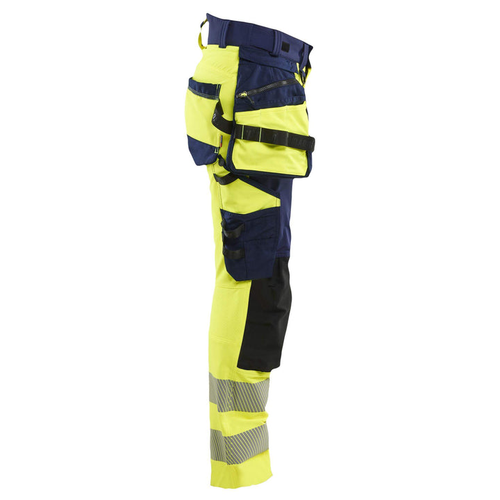 Blaklader 70221648 Ladies Hi-Vis 4-Way-Stretch Holster Pocket Trousers Yellow/Navy Blue Right #colour_yellow-navy-blue