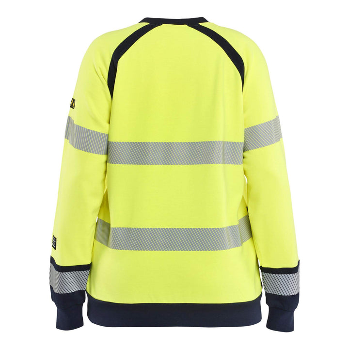 Blaklader 34541762 Ladies Hi-Vis Flame Retardant Multinorm Sweatshirt Yellow/Navy Blue Rear #colour_yellow-navy-blue