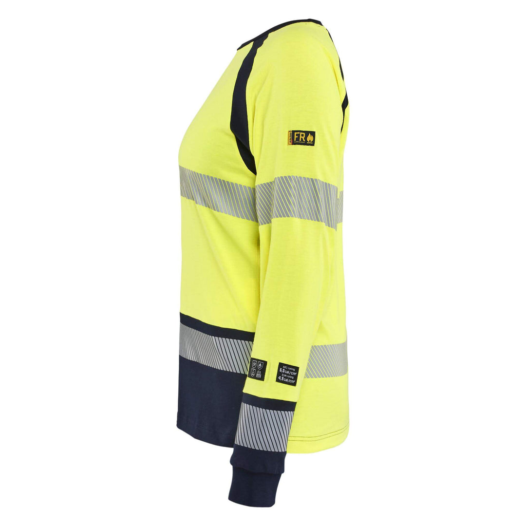 Blaklader 34371737 Ladies Hi-Vis Long-Sleeved Flame Retardant Multinorm T-Shirt Yellow/Navy Blue Left #colour_yellow-navy-blue