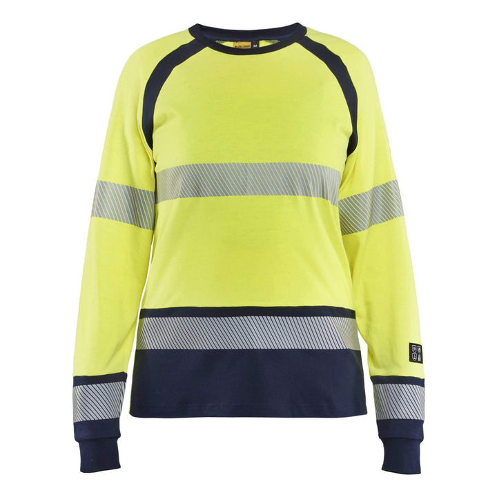 Blaklader 34371737 Ladies Hi-Vis Long-Sleeved Flame Retardant Multinorm T-Shirt Yellow/Navy Blue Main #colour_yellow-navy-blue