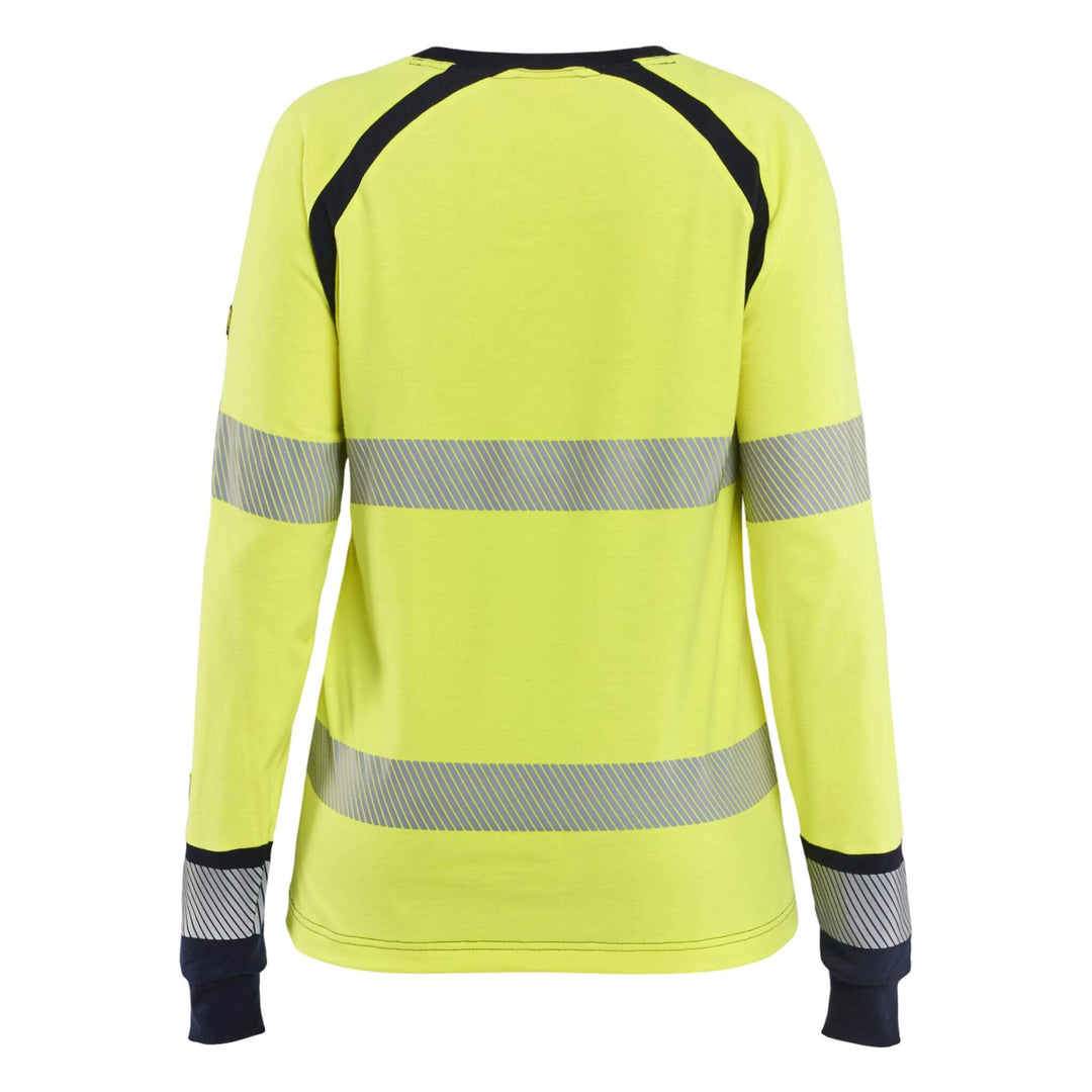 Blaklader 34371737 Ladies Hi-Vis Long-Sleeved Flame Retardant Multinorm T-Shirt Yellow/Navy Blue Rear #colour_yellow-navy-blue
