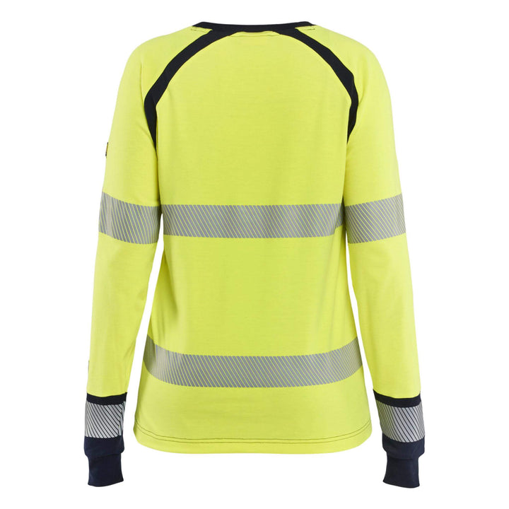 Blaklader 34371737 Ladies Hi-Vis Long-Sleeved Flame Retardant Multinorm T-Shirt Yellow/Navy Blue Rear #colour_yellow-navy-blue