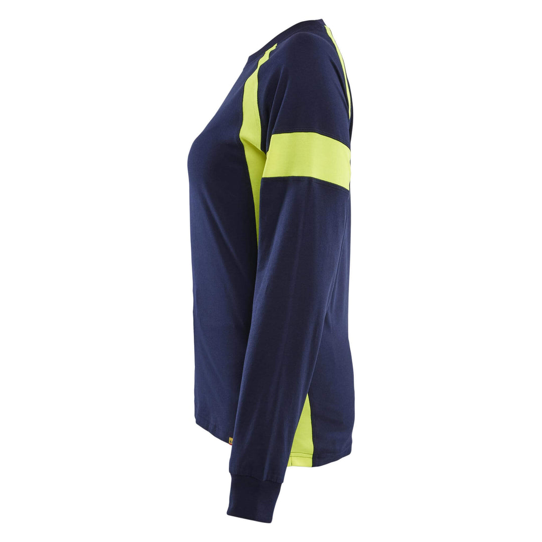 Blaklader 35211030 Ladies Long-Sleeved T-Shirt with Hi-Vis sections (non certified) Navy Blue/Hi-Vis Yellow Left #colour_navy-blue-hi-vis-yellow