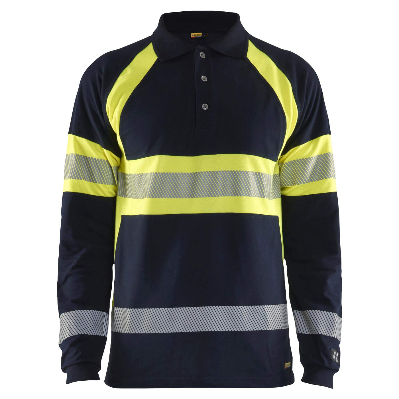 Blaklader 34381741 Long-Sleeved Multinorm Flame Resistant Hi Vis Polo Shirt Navy Blue/Hi-Vis Yellow Main #colour_navy-blue-hi-vis-yellow