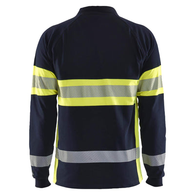 Blaklader 34381741 Long-Sleeved Multinorm Flame Resistant Hi Vis Polo Shirt Navy Blue/Hi-Vis Yellow Rear #colour_navy-blue-hi-vis-yellow