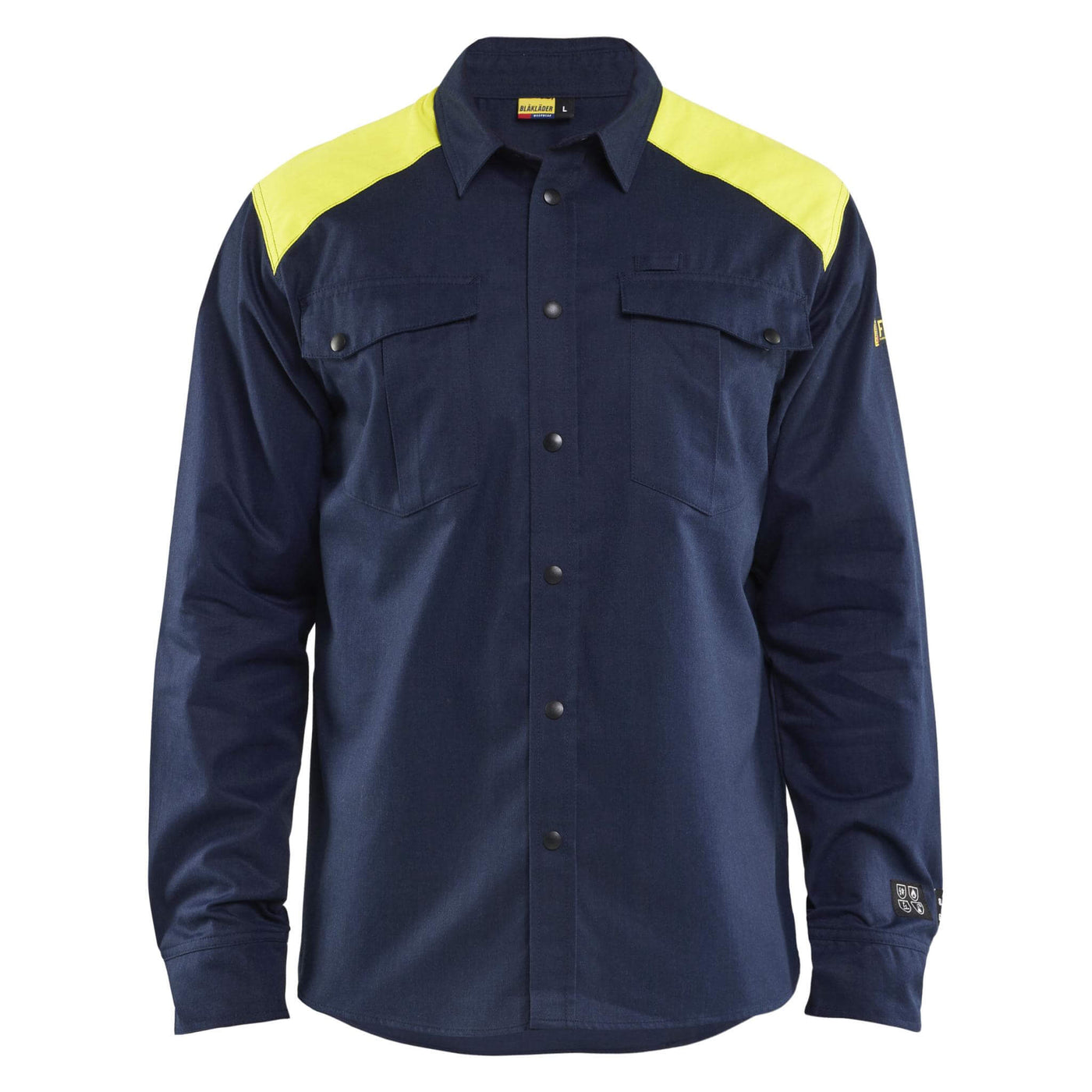 Blaklader 32381517 Multinorm Flame Retardant Shirt Navy Blue/Hi-Vis Yellow Main #colour_navy-blue-hi-vis-yellow