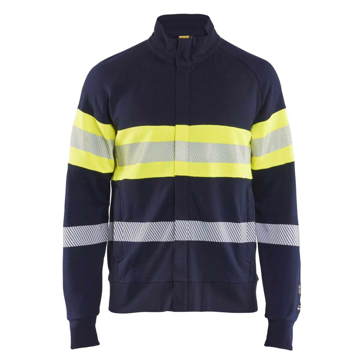 Blaklader 34621762 Multinorm Hi-Vis Flame Retardant Sweatshirt with Metal-Free Zip Navy Blue/Hi-Vis Yellow Main #colour_navy-blue-hi-vis-yellow