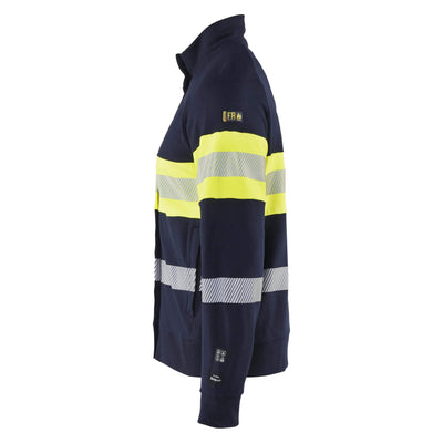 Blaklader 34621762 Multinorm Hi-Vis Flame Retardant Sweatshirt with Metal-Free Zip Navy Blue/Hi-Vis Yellow Left #colour_navy-blue-hi-vis-yellow