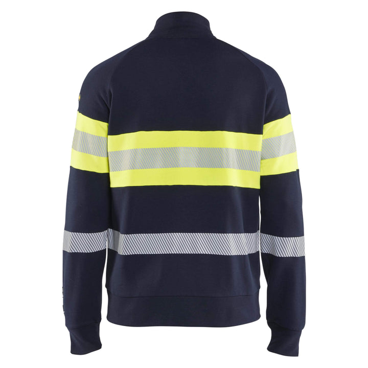 Blaklader 34621762 Multinorm Hi-Vis Flame Retardant Sweatshirt with Metal-Free Zip Navy Blue/Hi-Vis Yellow Rear #colour_navy-blue-hi-vis-yellow