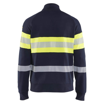 Blaklader 34621762 Multinorm Hi-Vis Flame Retardant Sweatshirt with Metal-Free Zip Navy Blue/Hi-Vis Yellow Rear #colour_navy-blue-hi-vis-yellow