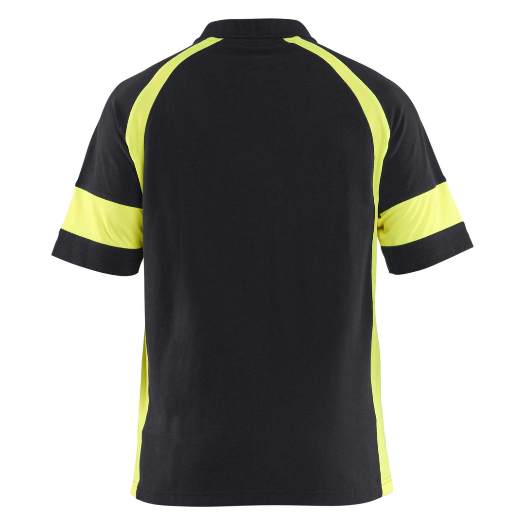 Blaklader 35281050 Polo Shirt with Hi-Vis sections (non certified) Black/Hi-Vis Yellow Rear #colour_black-hi-vis-yellow